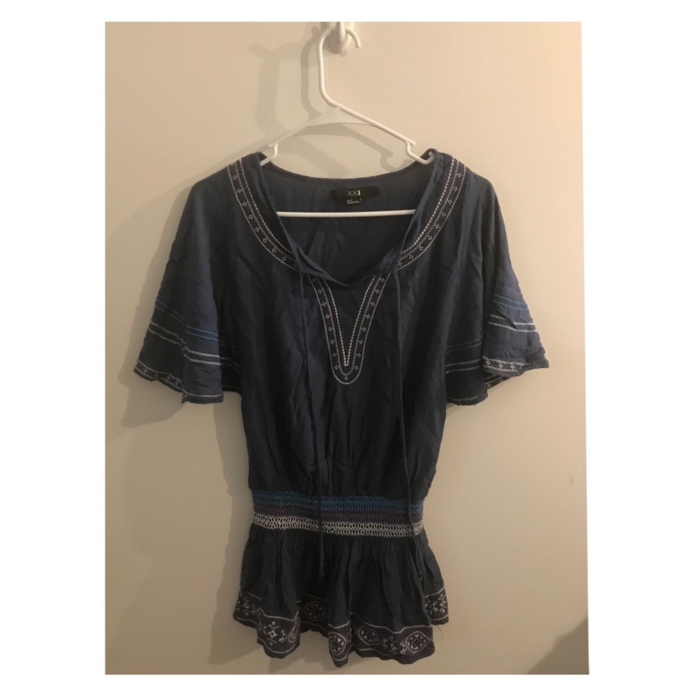 Boho Navy Shirt with Tribal Stitching